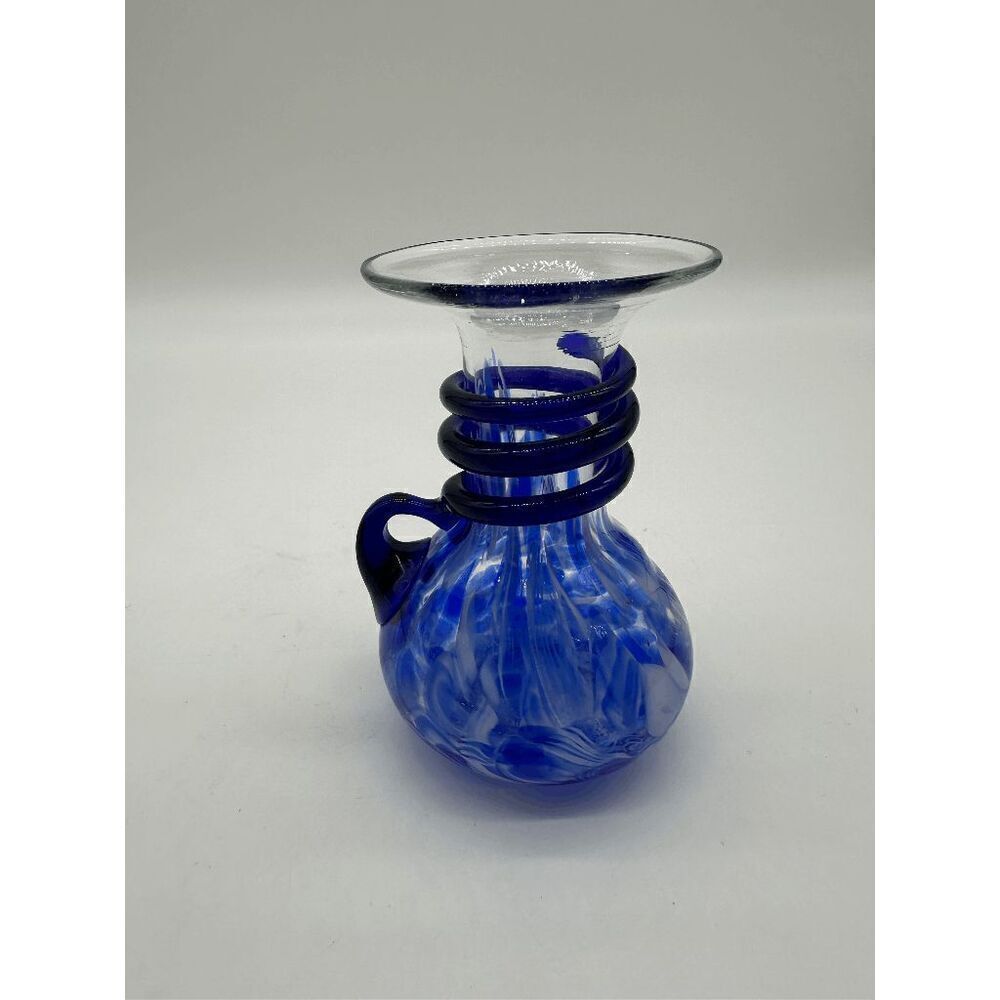 Murano Style Glass Vase Hand Blown w/ Handle 5” Blue